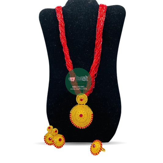 Red Nepali Potey With Double Locket Set
