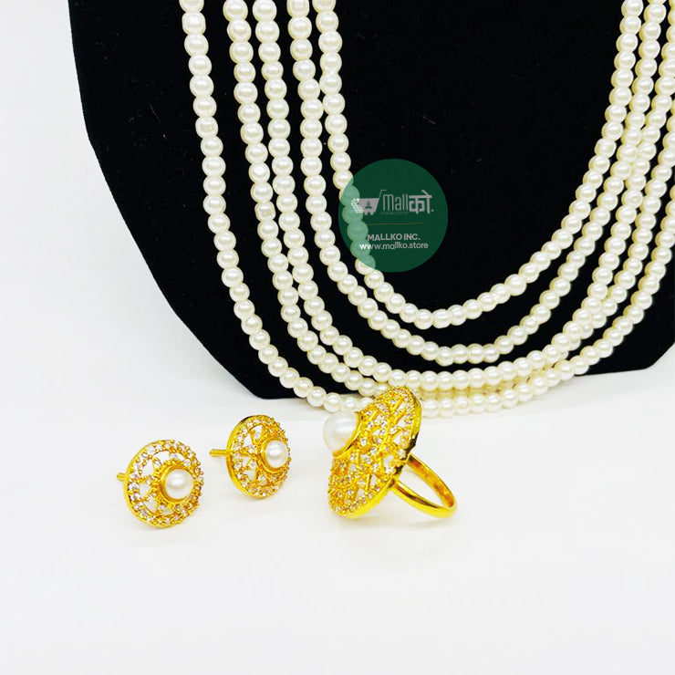 Pure White Pearl Chandrahaar With Red & White Stones Pendant