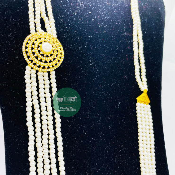 Pure White Pearl Chandrahaar With Red & White Stones Pendant