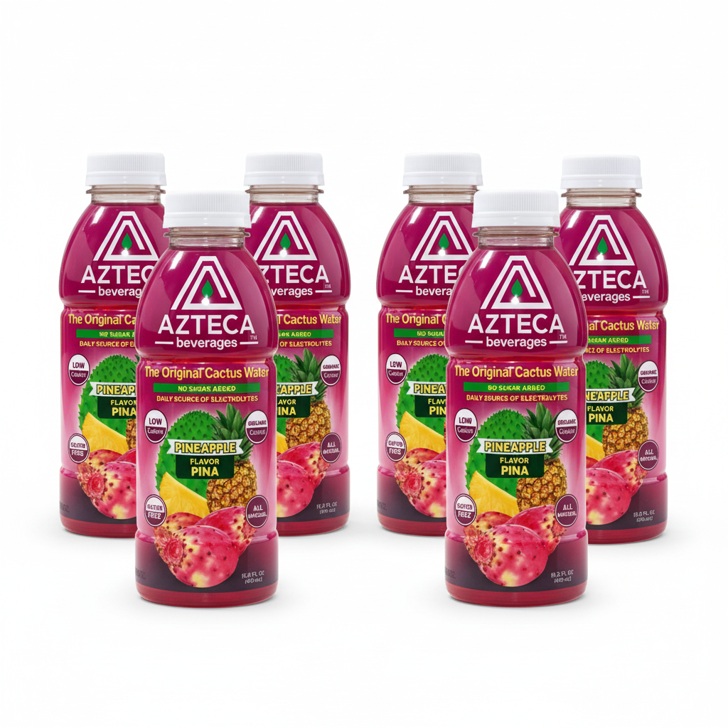 A bottle of Azteca Beverages Pineapple Flavor Pina cactus water, featuring a bright magenta-pink liquid and label with illustrations of a pineapple, a cactus, and a slice of pineapple, set against a light background with blurred cactus fruits.