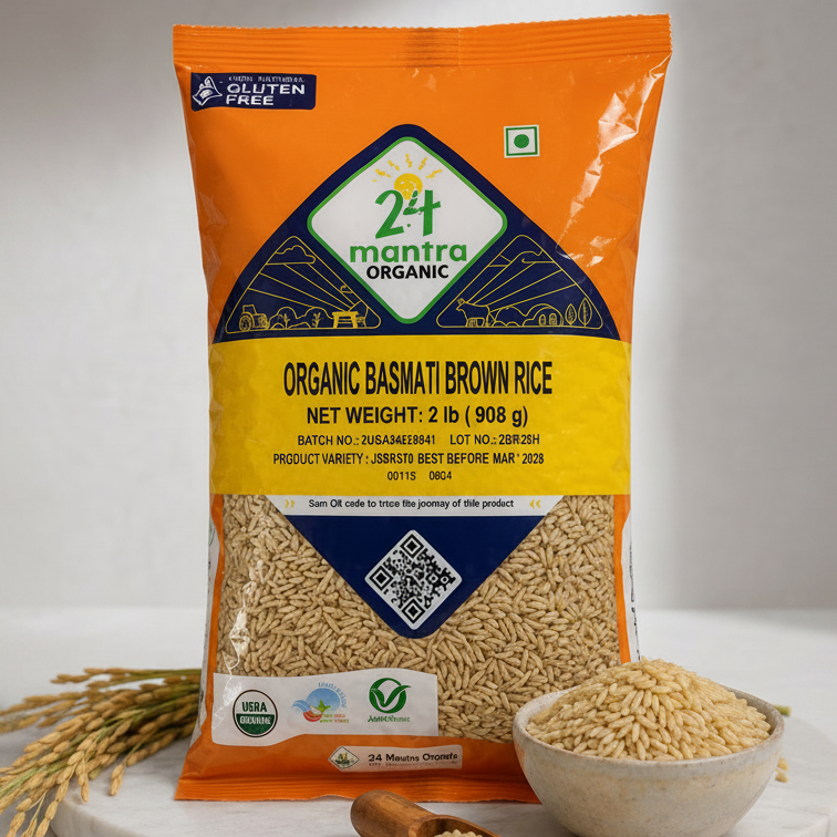 24 Mantra Organic Basmati Brown Rice 2 lb 908g package with brown rice grains