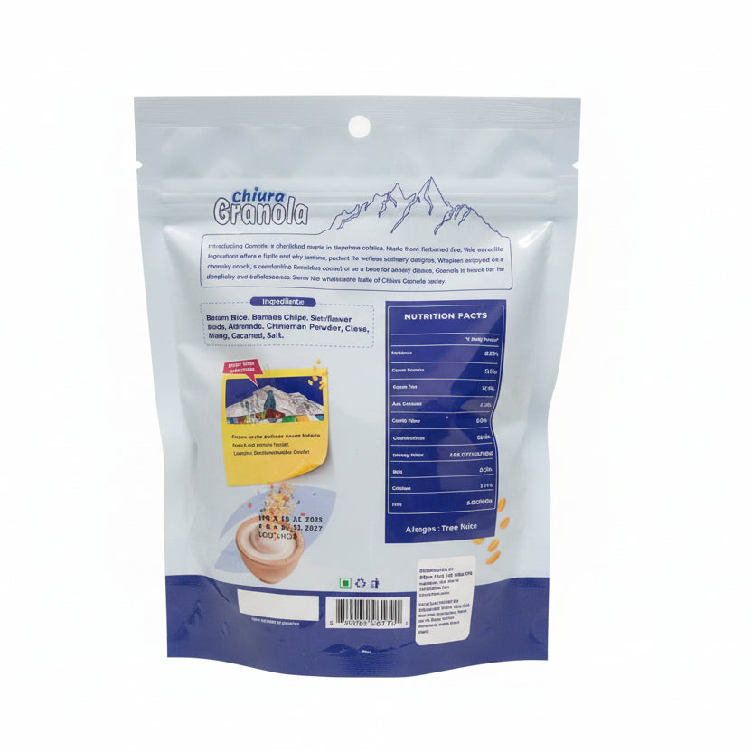Back label of Chiura Granola showing the full ingredient list, nutrition facts, and a photo of Mount Makalu.