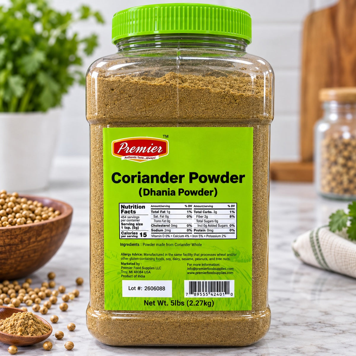 Premier Coriander Powder Dhania Powder in a 5 lb bulk container