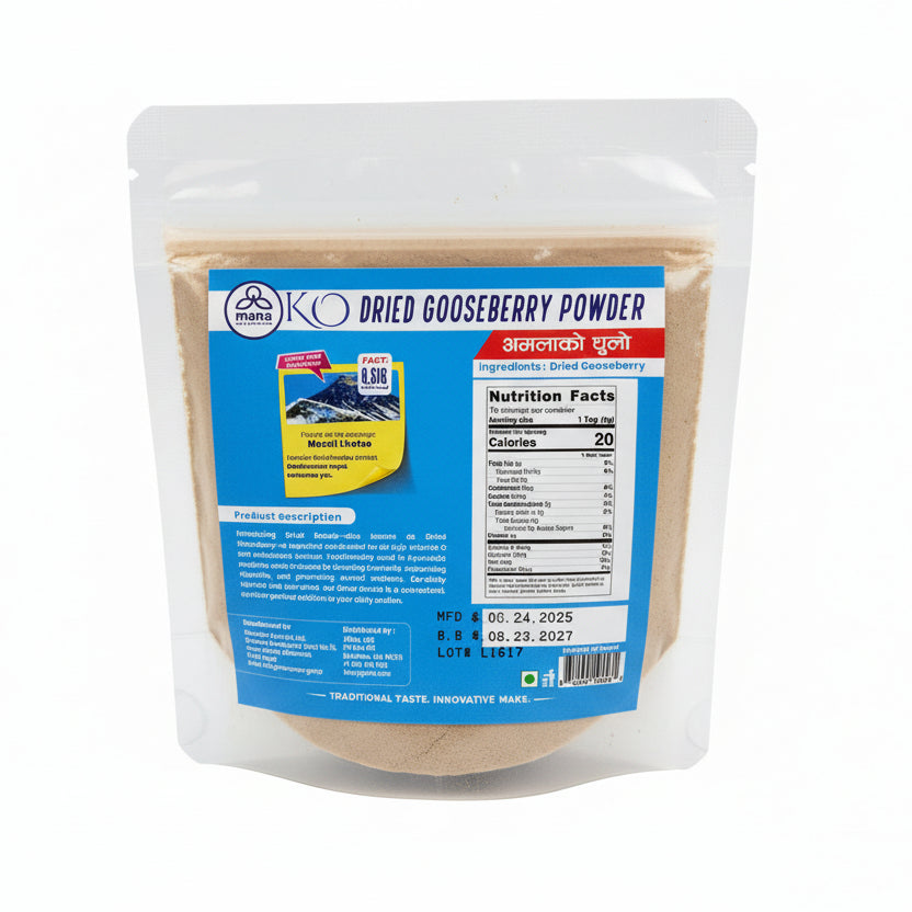 Back label of Amala Dhulo showing nutrition facts (20 calories), ingredients, and a photo of Mount Lhotse.