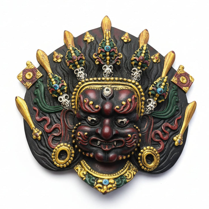 Handcrafted clay Brown Bhairav mask with ornate crown, third eye and colorful traditional Nepali detailing