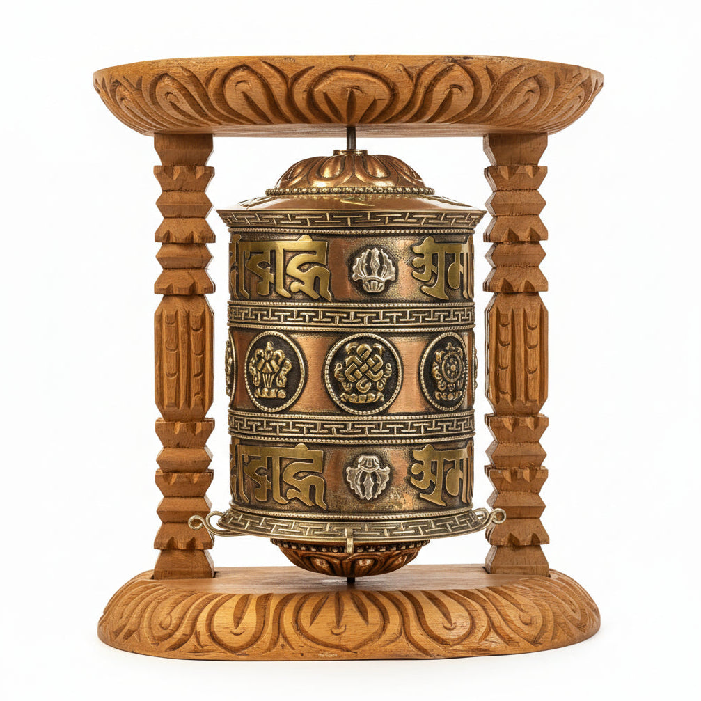 Large Tibetan Buddhist prayer wheel with sacred mantra symbols and ornate hand-carved wooden stand