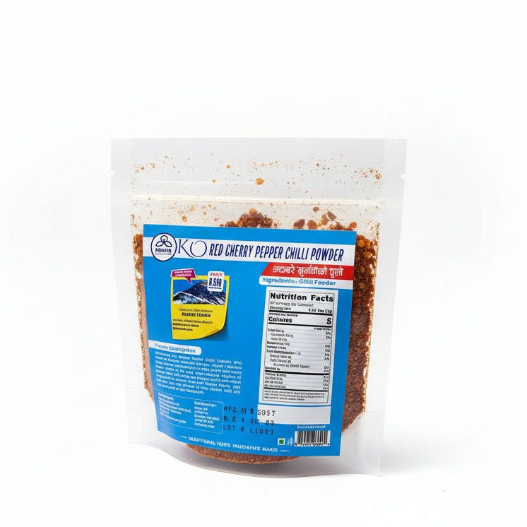 Back label of Akbare Khursani powder featuring nutrition facts, ingredients, and a photo of Mount Lhotse.