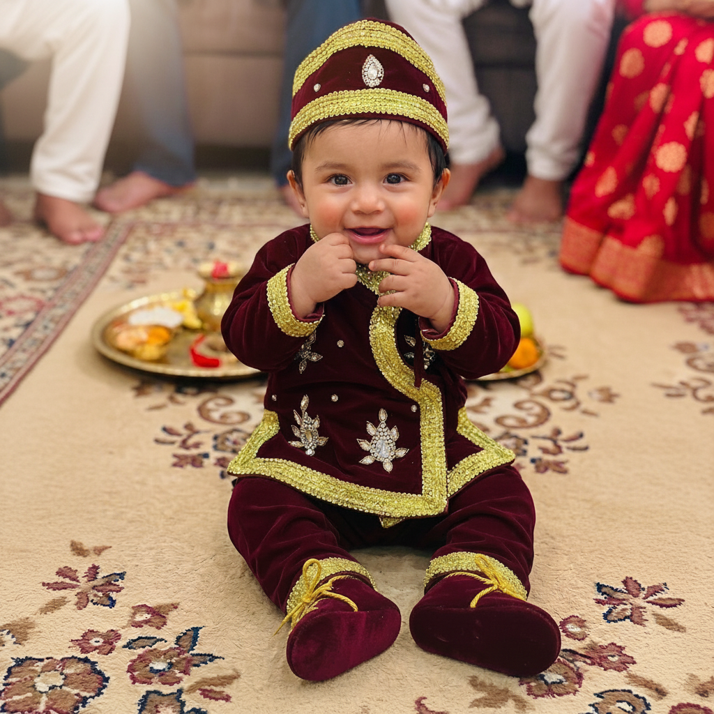 Elite Ethnic Pasni Wear for Baby Boy – Maroon Velvet and Gold Detail