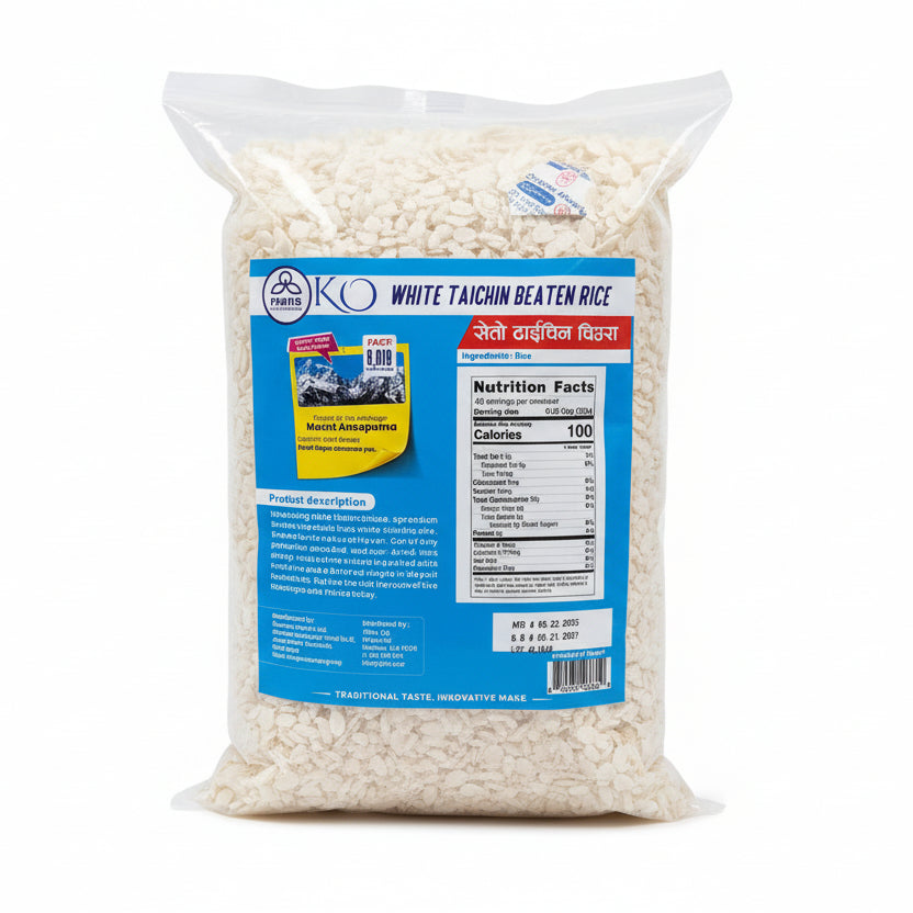 Back label of Taichin Chiura showing nutrition facts (100 calories), product description, and a photo of Mount Annapurna.