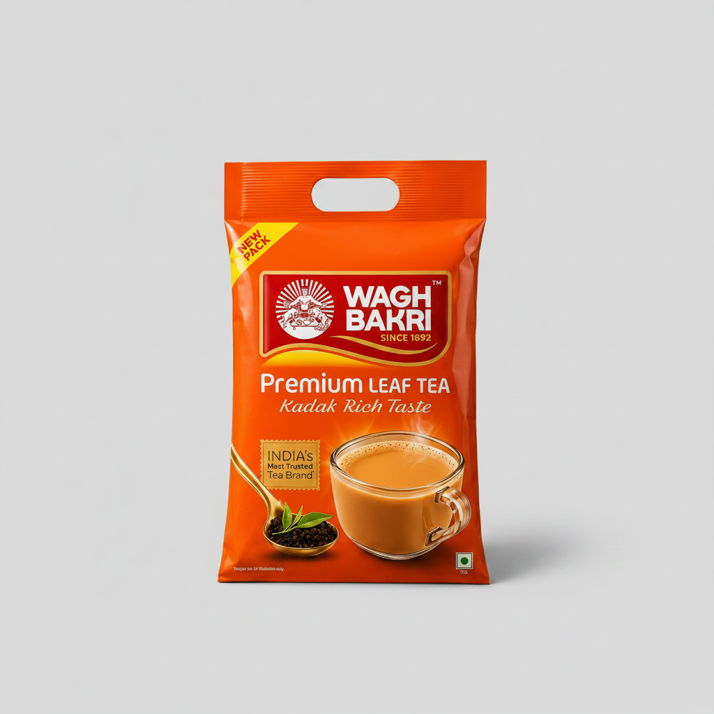 Wagh Bakri Premium Leaf Tea pack with rich kadak Indian tea
