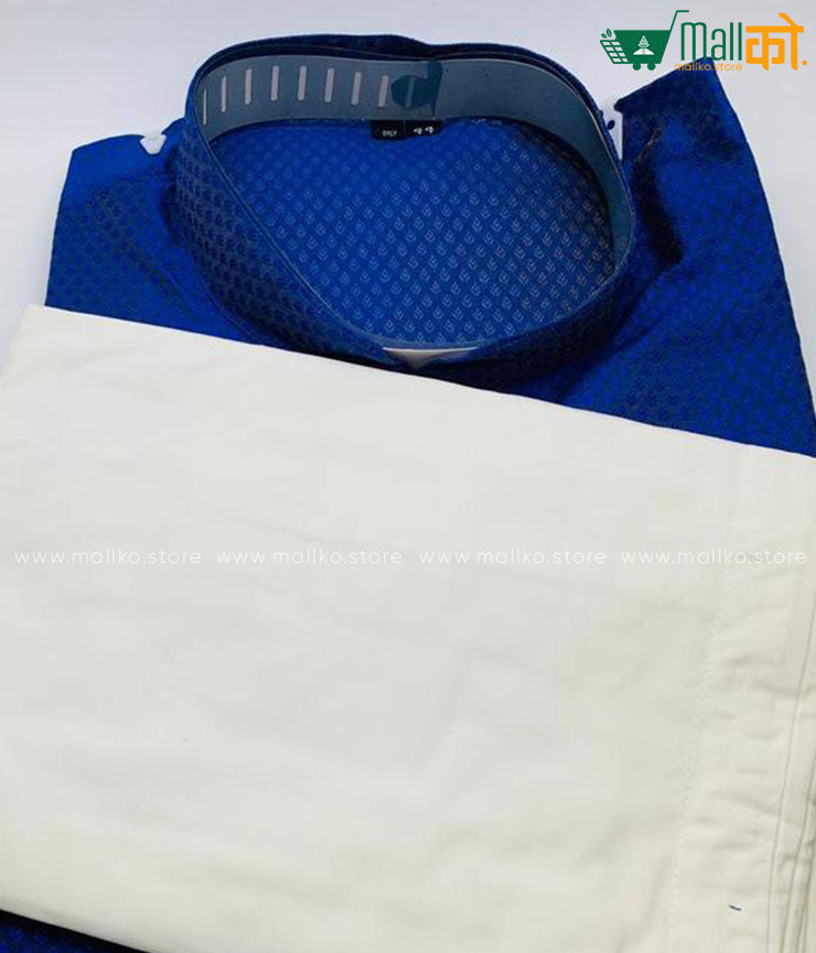 HITESH KURTA PAJAMA SET (Blue and White /Silk)