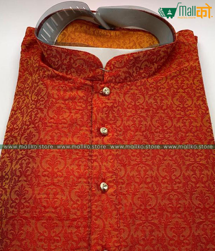 HITESH KURTA PAJAMA SET (Orange and Cream /Banarasi Silk)