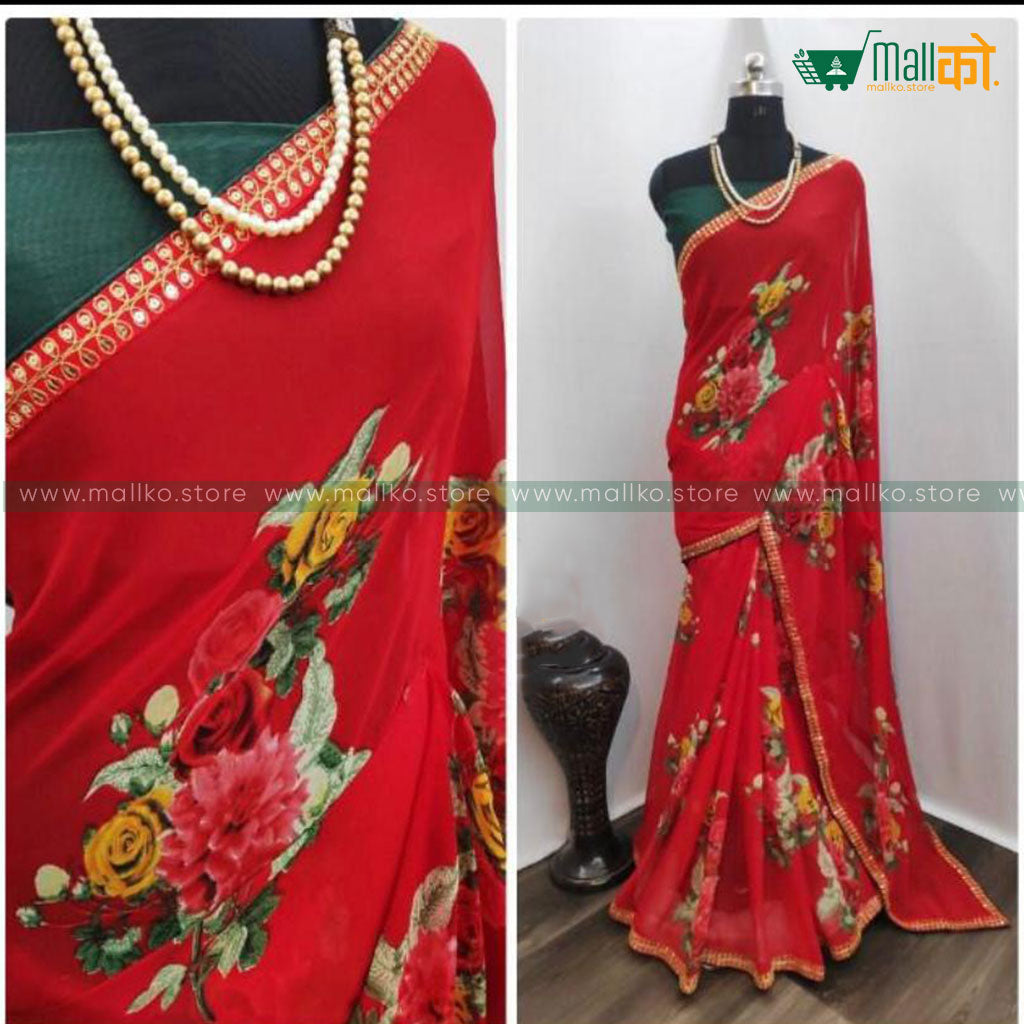 Flower Printed Saree with Blouse
