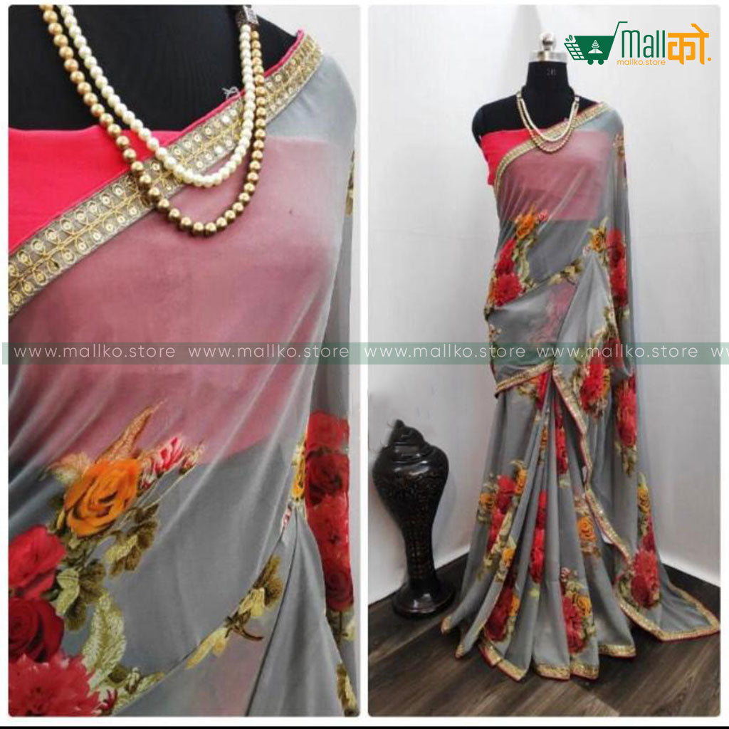 Flower Printed Saree with Blouse