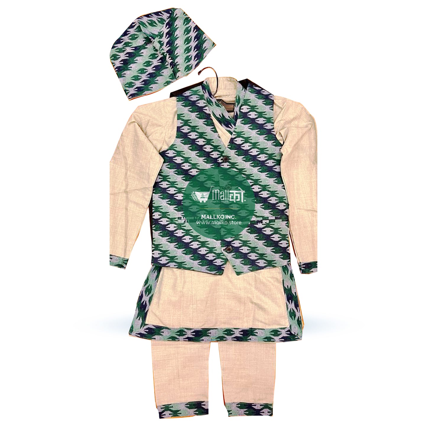 High Quality Boy's Daura Suruwal with Vest and Topi (Blue and Green)