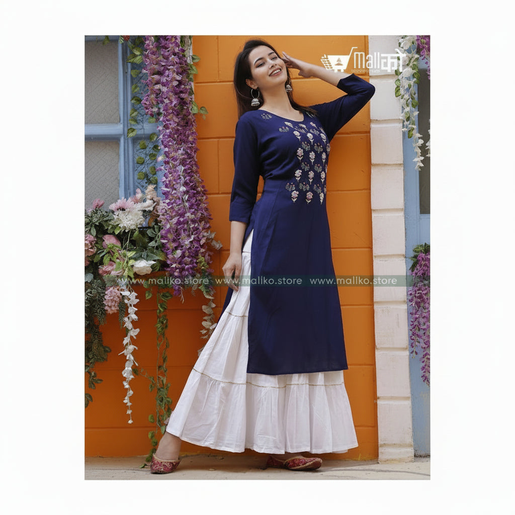 Blue Kurta Set with White Sharara