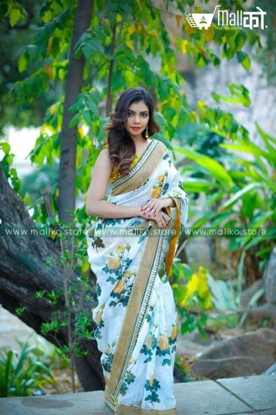 Green Silk Saree with Digital Print