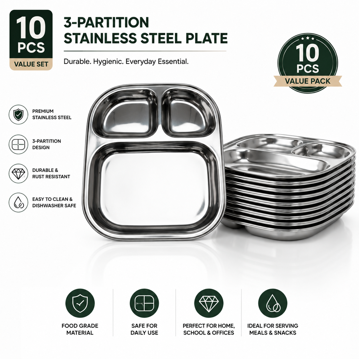 3-Partition Stainless Steel Plate