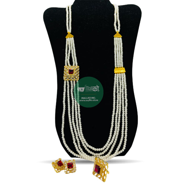 Pearl Chandrahaar With Red Pendant Set