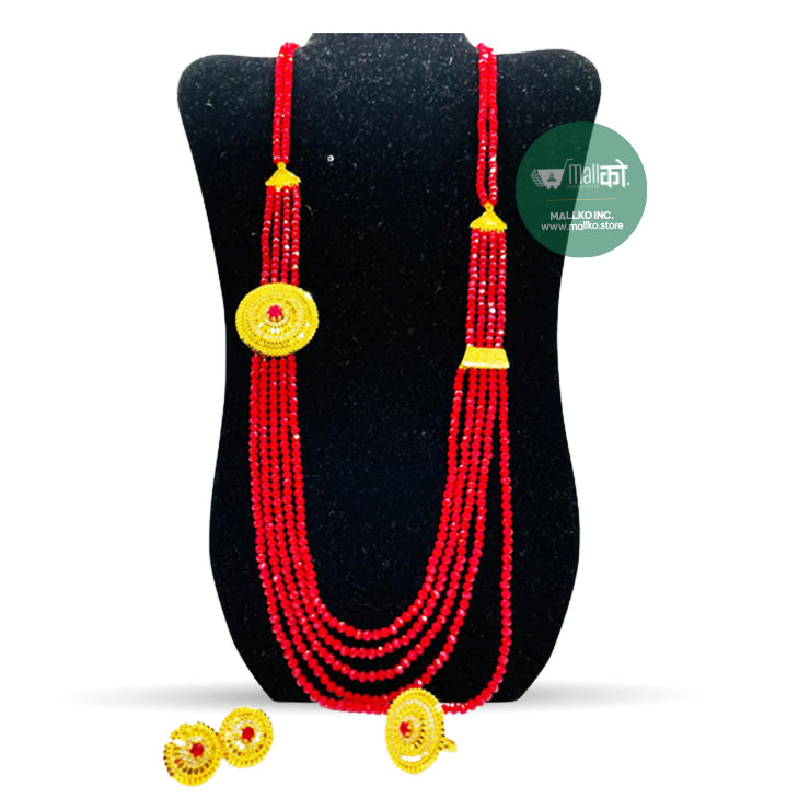Chandrahaar With Red & Gold Stone Pendant Set