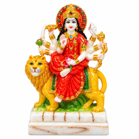 5 inch Durga Mata murti with lion in red and gold for home mandir and puja