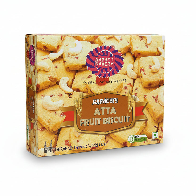 Karachi Bakery Atta Fruit Biscuits gift box famous world over from Hyderabad with cashews.