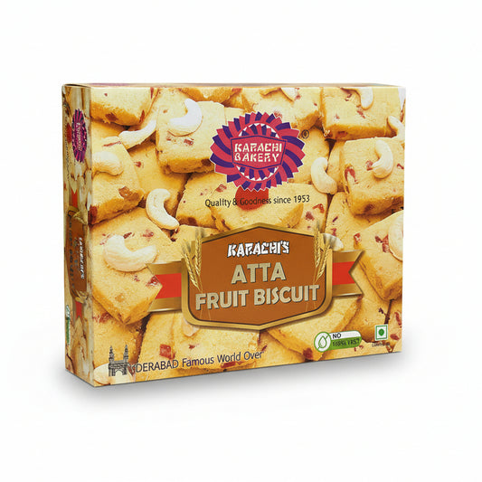 Karachi Bakery Atta Fruit Biscuits gift box famous world over from Hyderabad with cashews.