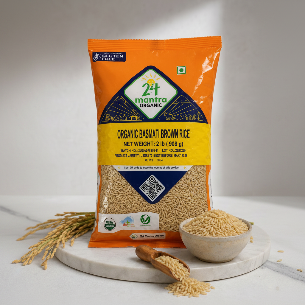 24 Mantra Organic Basmati Brown Rice 2 lb 908g package with brown rice grains