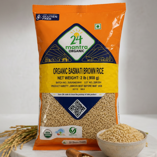 24 Mantra Organic Basmati Brown Rice 2 lb 908g package with brown rice grains
