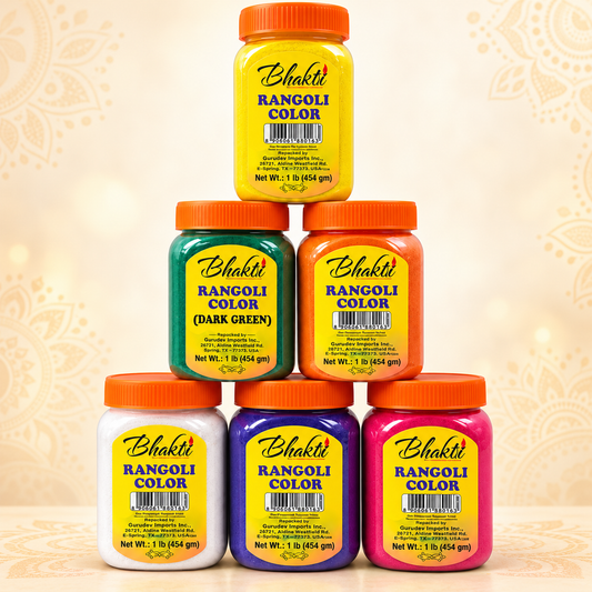 Bhakti Rangoli Color Powder jars in yellow, dark green, orange, white, purple, and red, each containing 1 lb (454 g).