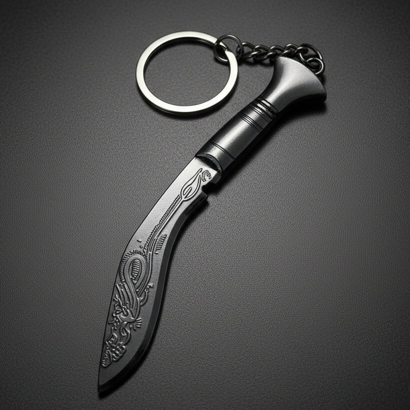 Black decorative Nepali khukuri keychain with engraved curved blade