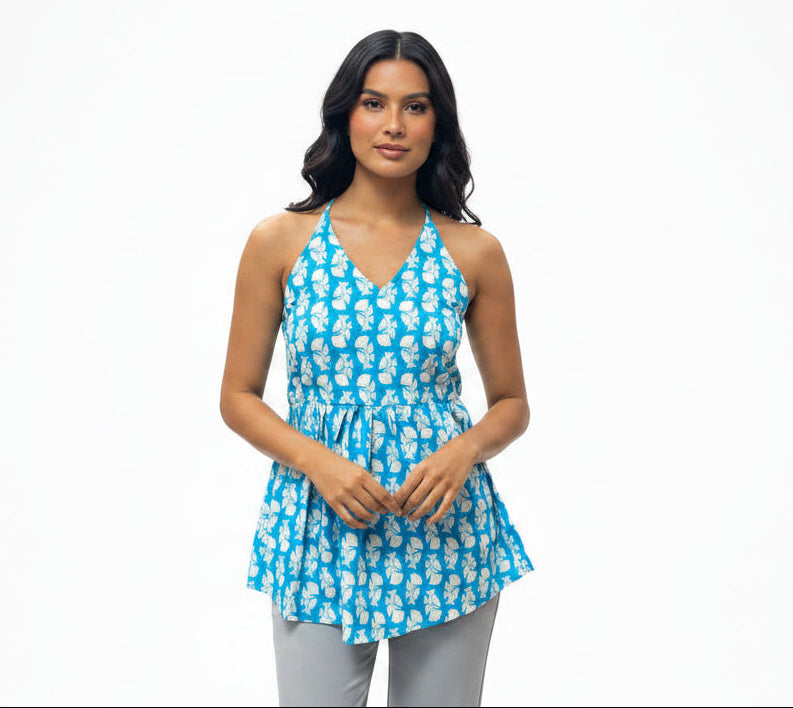 Blue floral halter boho chic short kurti in a breezy sleeveless style