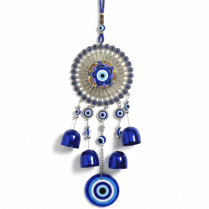 Blue evil eye Nazar wall hanging with bells beads and decorative evil eye charms