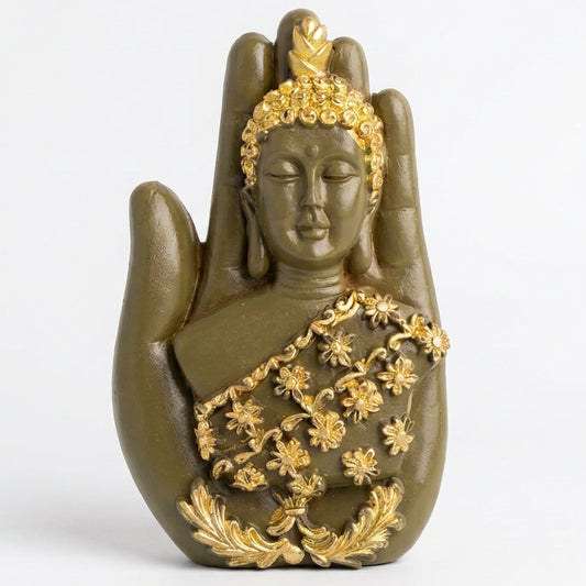 Ceramic Buddha in hand fridge magnet with olive green finish and gold floral accents