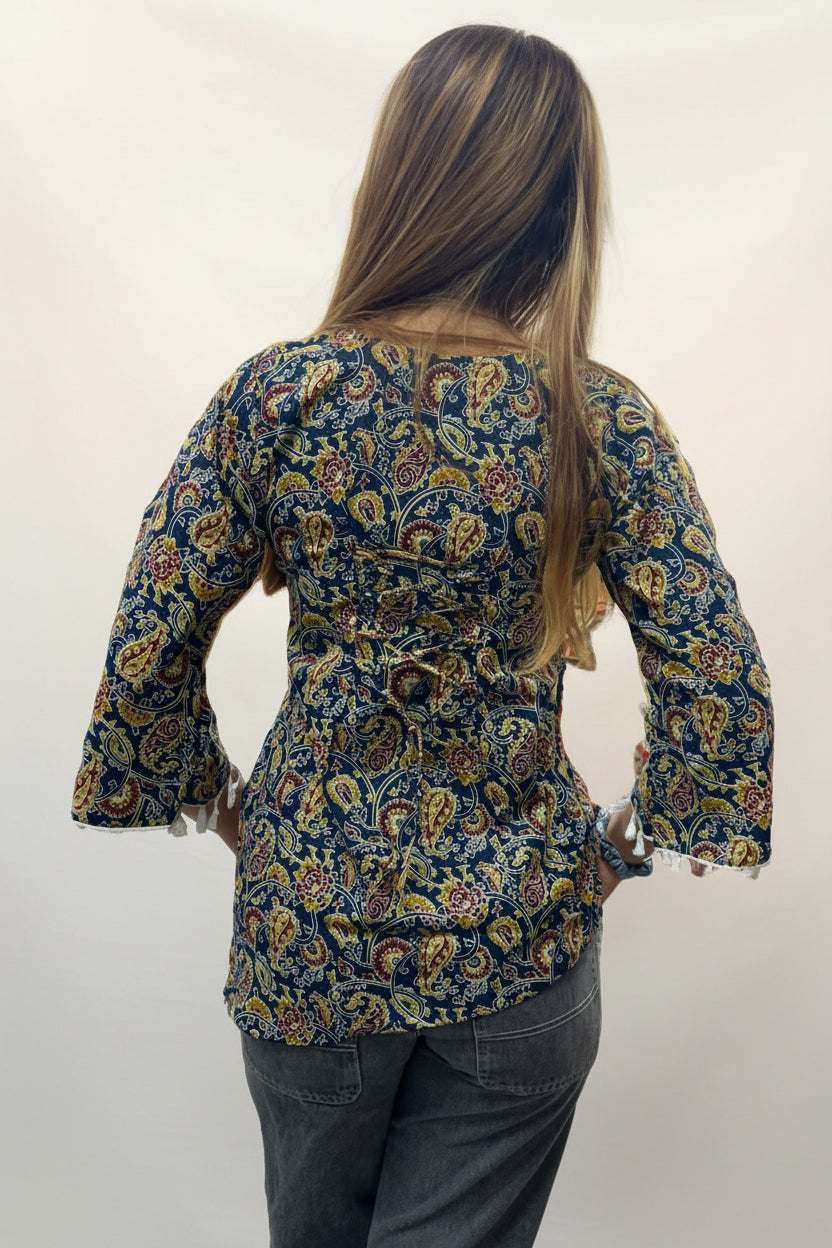 Back view of a blue floral kalamkari print short tunic kurti with 3/4 sleeves and white fringe lace border