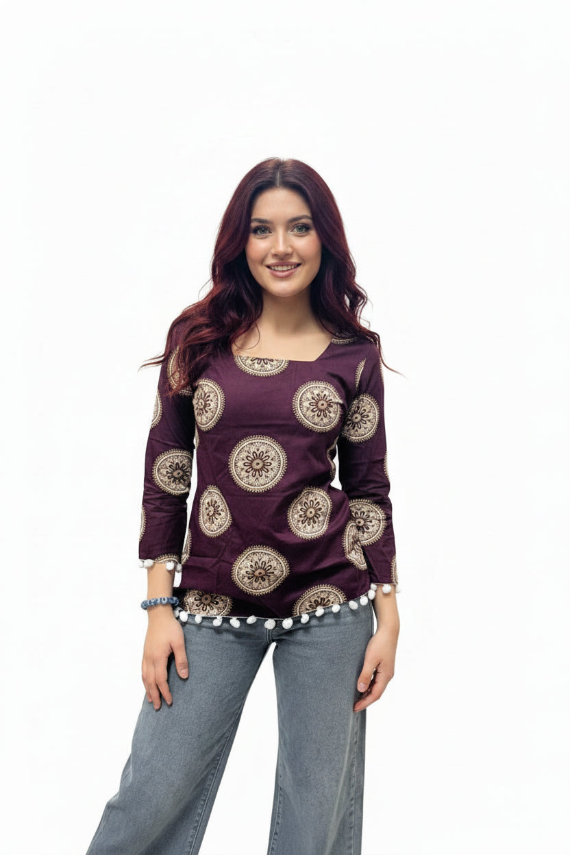 charm-plum-wine-mandala-print-fitted-kurti-with-white-pompom-lace-trim