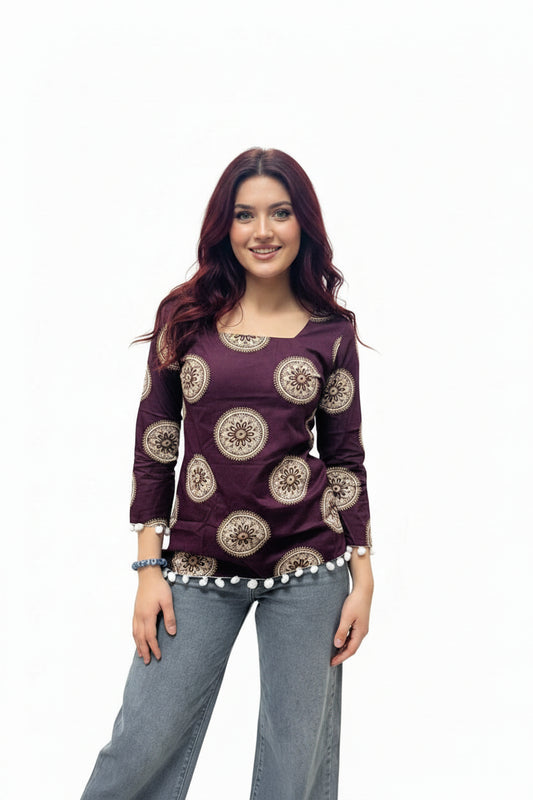 charm-plum-wine-mandala-print-fitted-kurti-with-white-pompom-lace-trim
