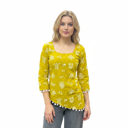 mustard-yellow-printed-short-kurti-with-white-pom-pom-lace-trim