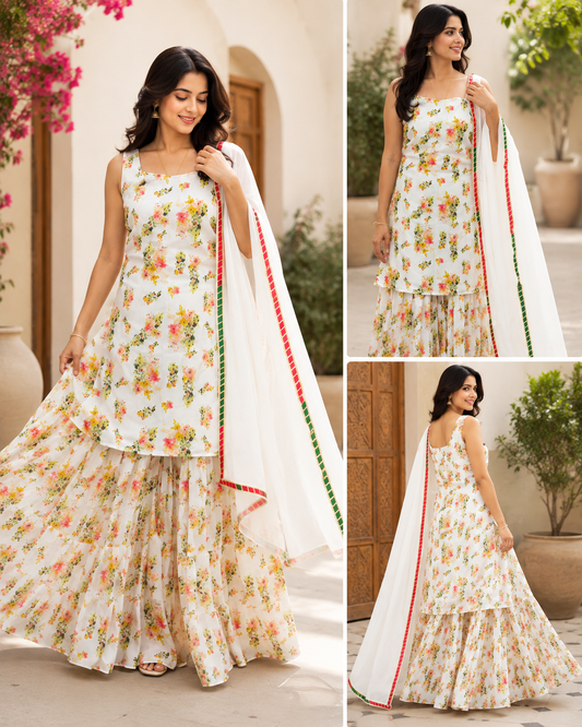 Floral Print 3-Piece Suit Set with Dupatta