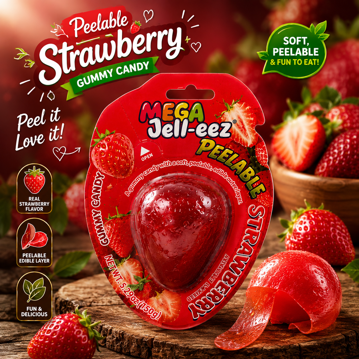 Mega Jelly-eez Peelable Strawberry Gummy Candy-150g