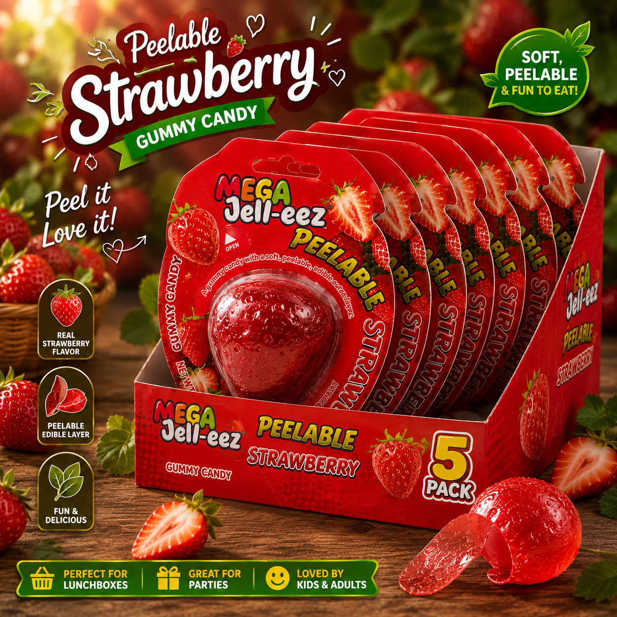 Mega Jelly-eez Peelable Strawberry Gummy Candy-150g