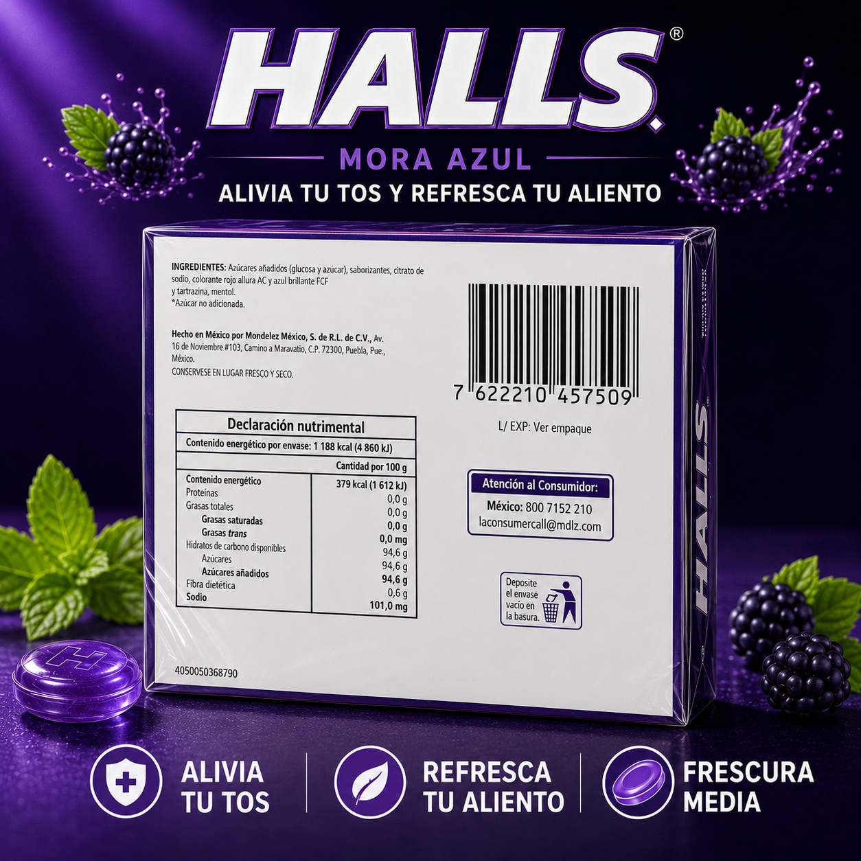 HALLS Mora Azul Blueberry Flavor Lozenges – 12 Pack