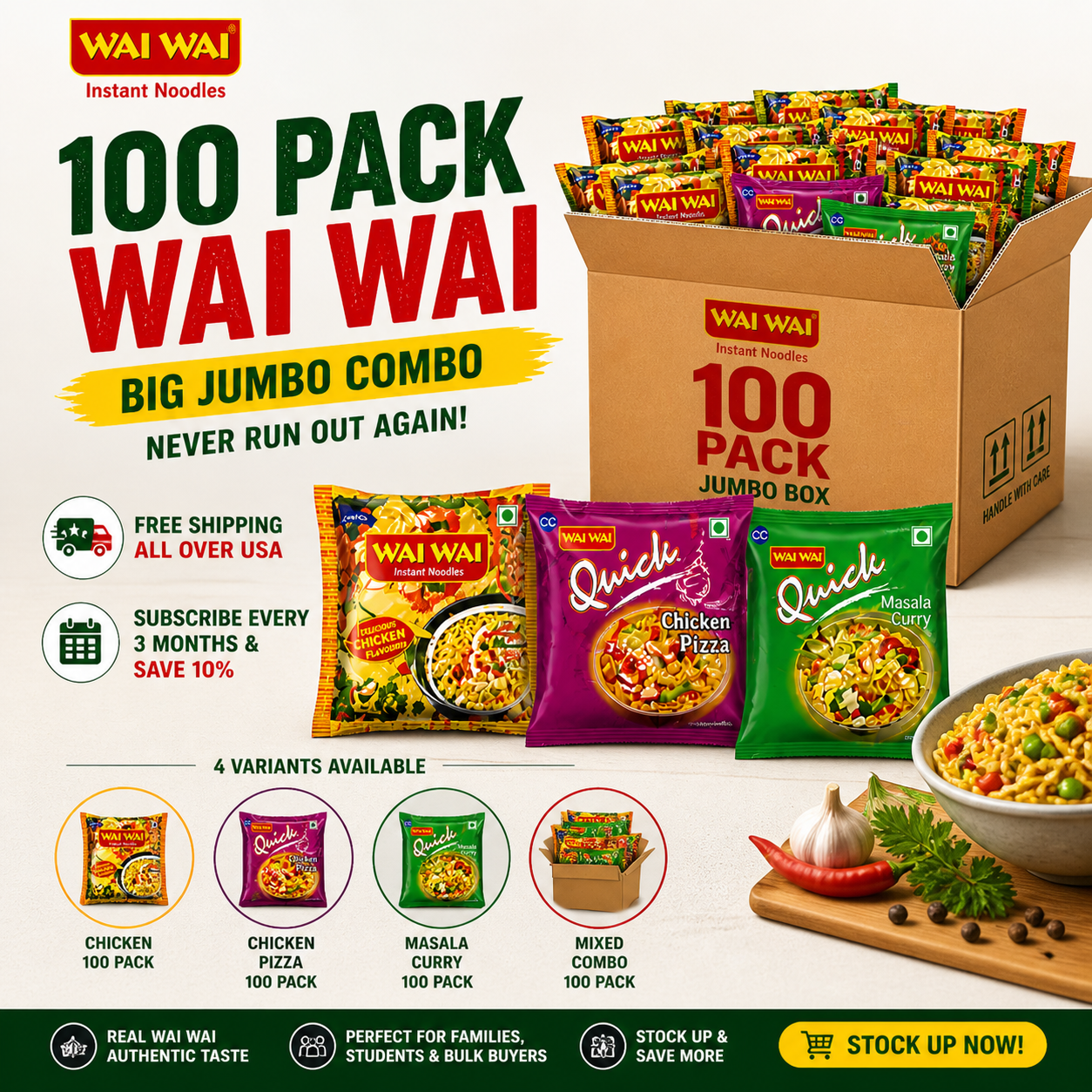 Wai Wai 100-Pack Jumbo Combo | Authentic Nepali Instant Noodles