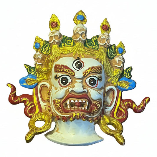 Clay Swet Bhairav mask with white face, third eye, ornate skull crown and colorful Nepali detailing