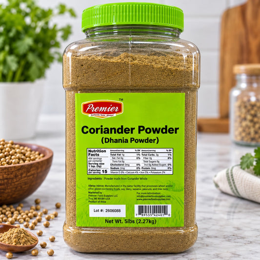 Premier Coriander Powder Dhania Powder in a 5 lb bulk container