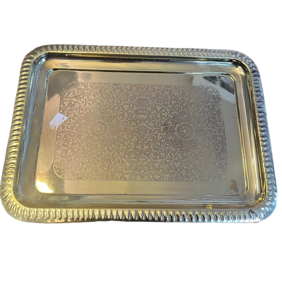 Silver-Tone Rectangular Serving Platter with Ornate Floral Pattern