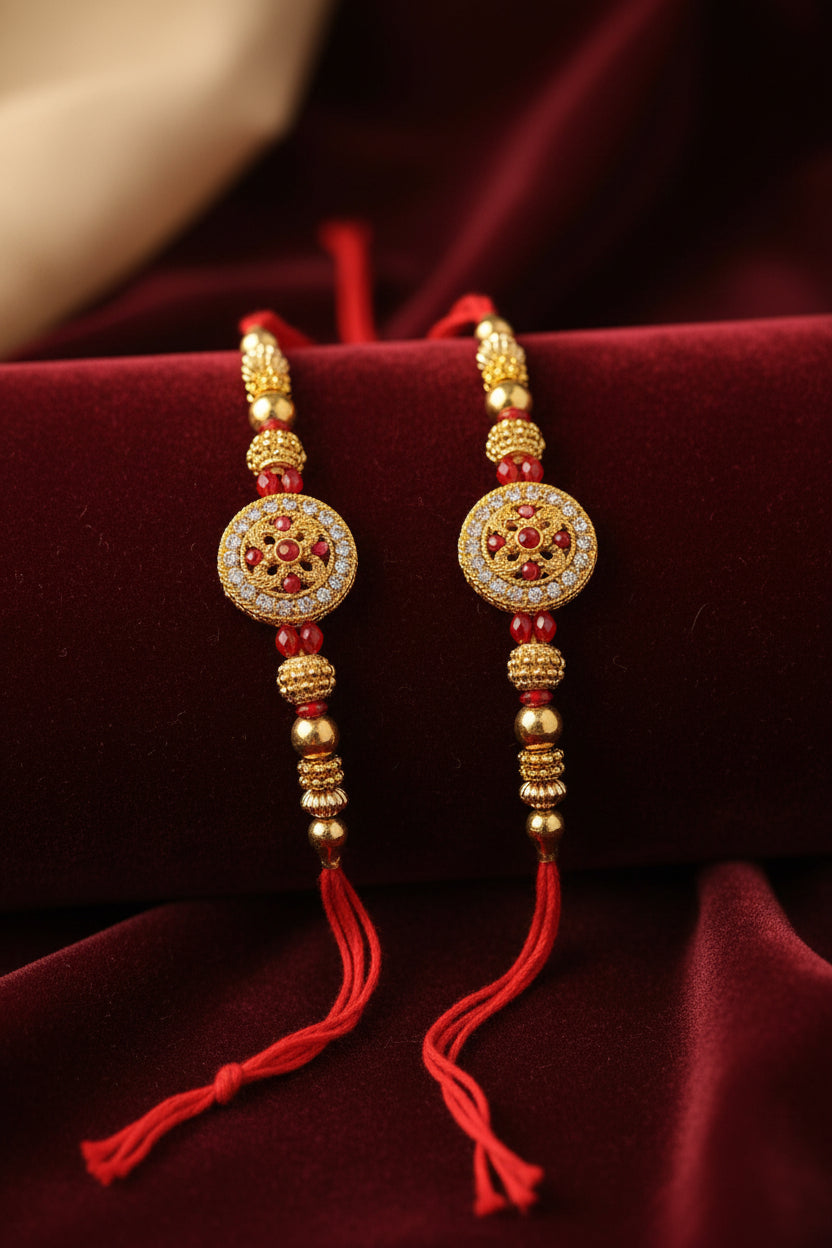 Set of two gold Swastik rakhis with red thread and beads
