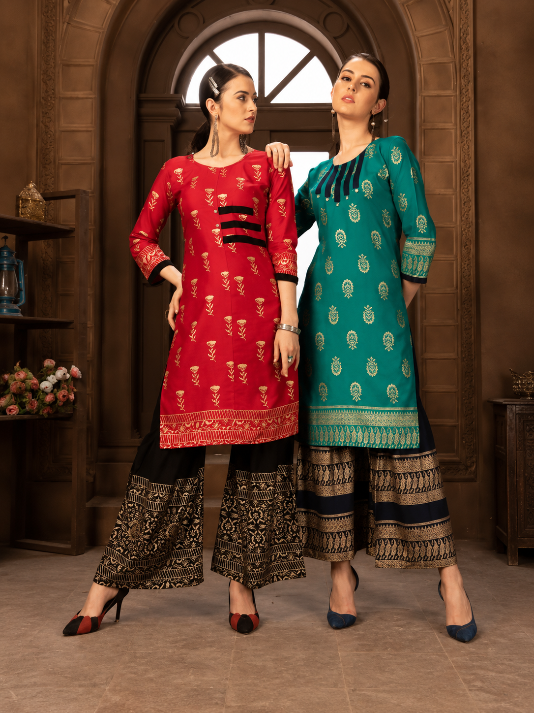 Kurti with Gold Print and Matching Sharara for Women