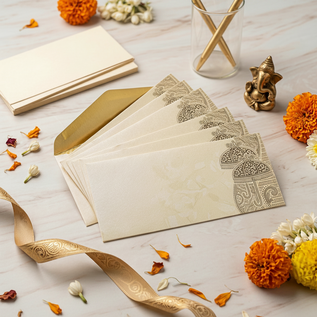 Sophisticated white gift envelope decorated with a golden ethnic umbrella pattern and traditional motifs