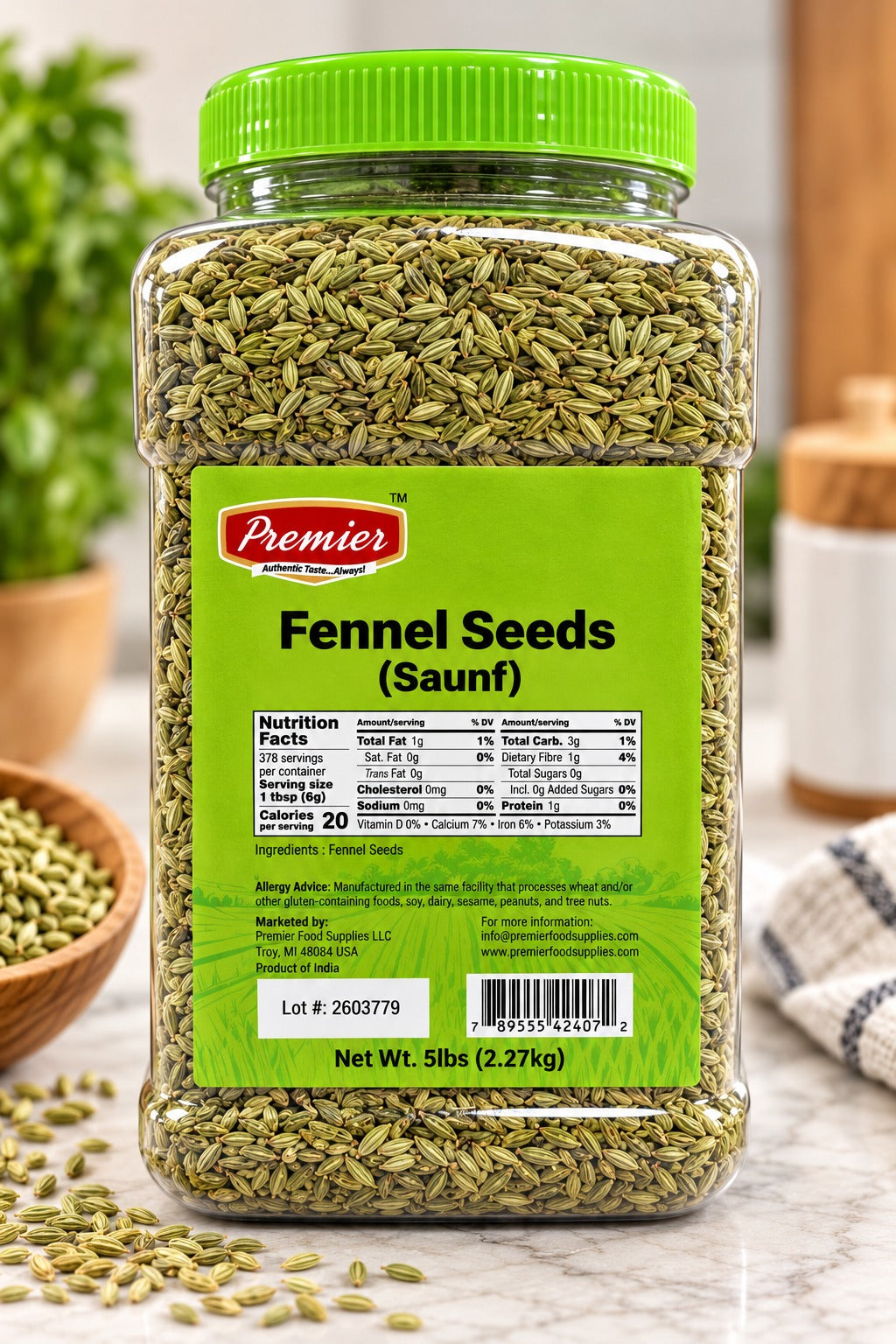 Premier whole Fennel Seeds Saunf in a 5 lb bulk container
